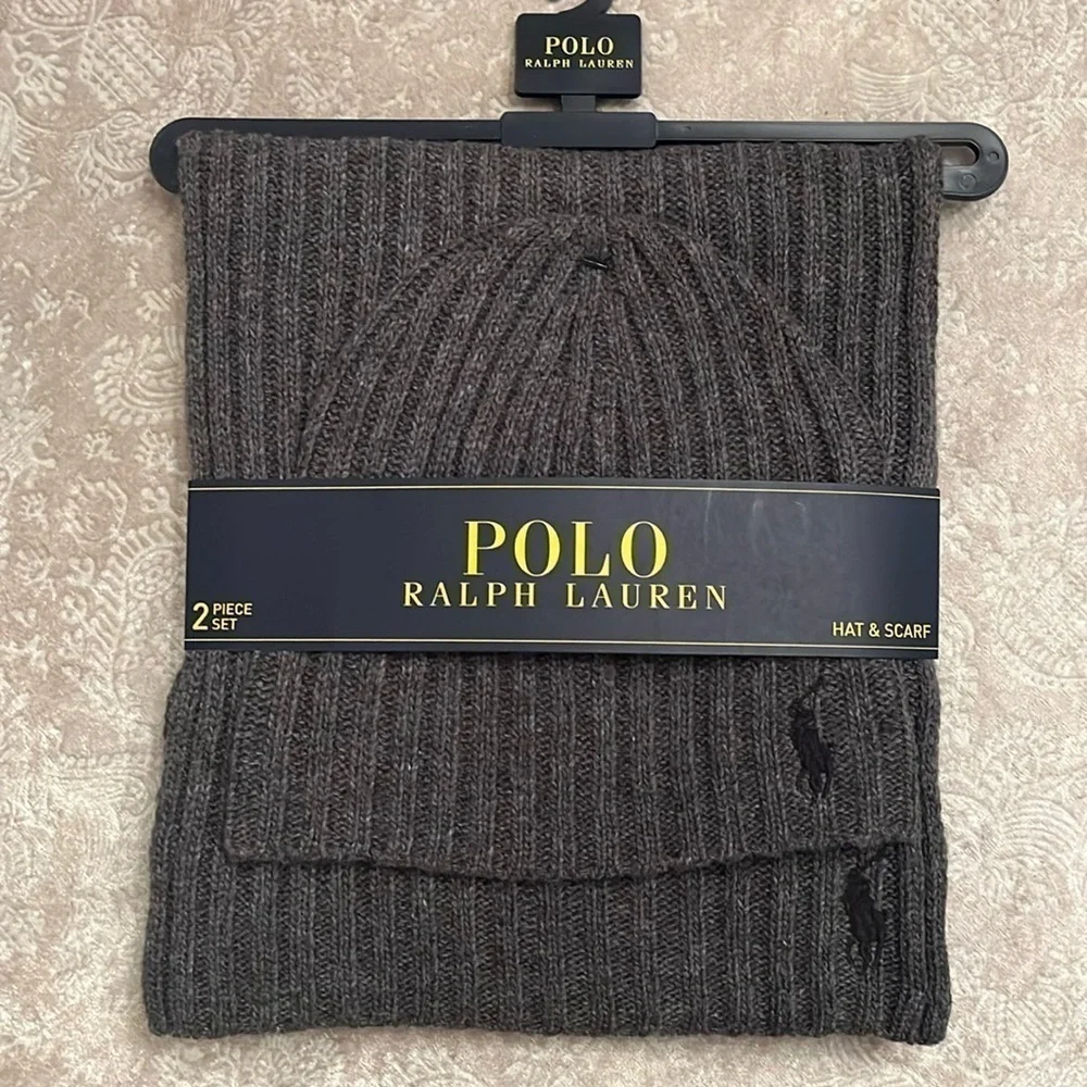 Brand New Polo Ralph Lauren 2-Piece Knit Beanie Hat & Scarf Set Gray Wool Pony